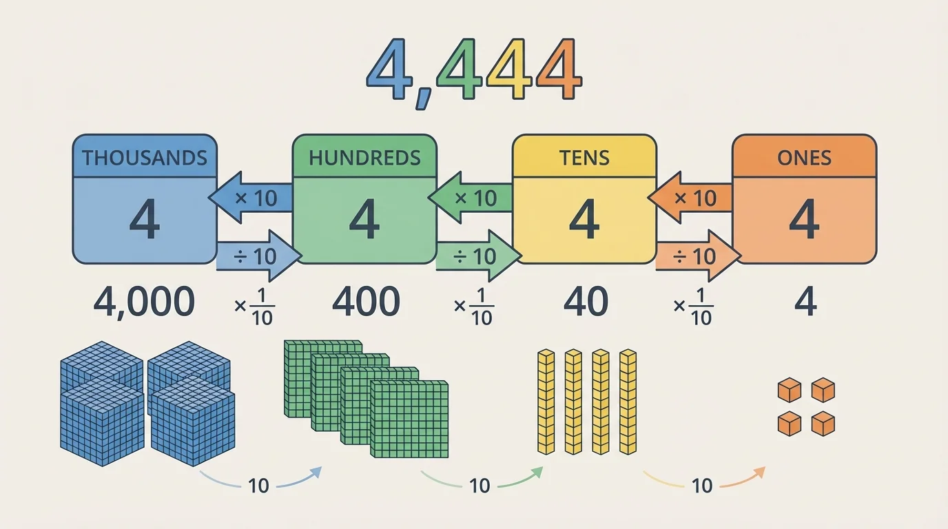 Multi-digit number 4,444 with each digit color-coded to show values 4,000, 400, 40, and 4