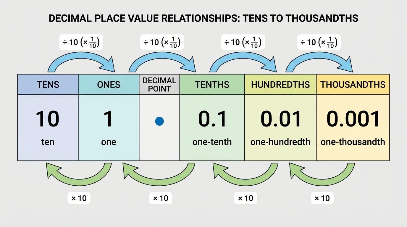 Decimal place value chart from tens to thousandths showing each step right is one-tenth of the place to the left