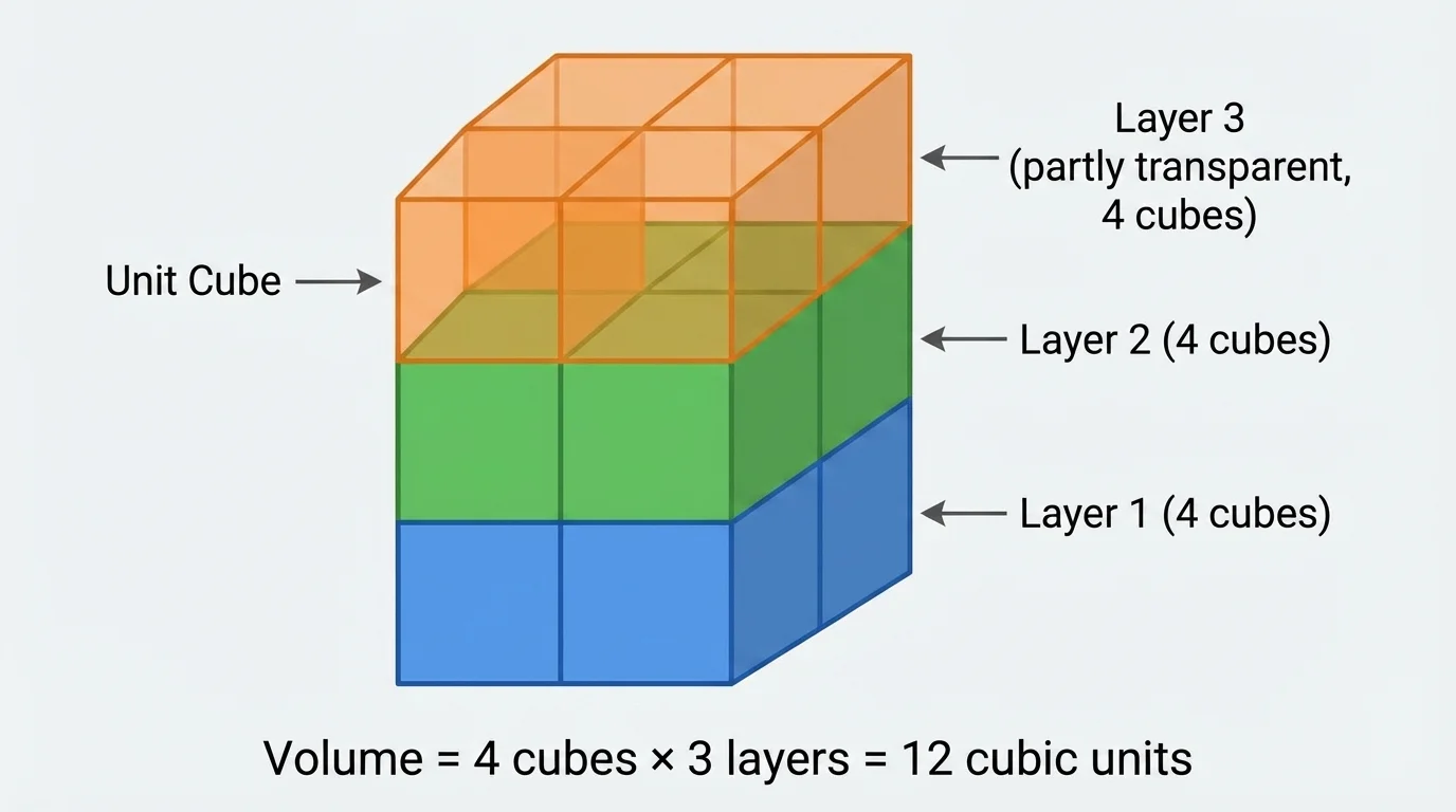 Rectangular prism built from unit cubes with top layer partly transparent, showing 4 cubes in each layer and 3 layers total