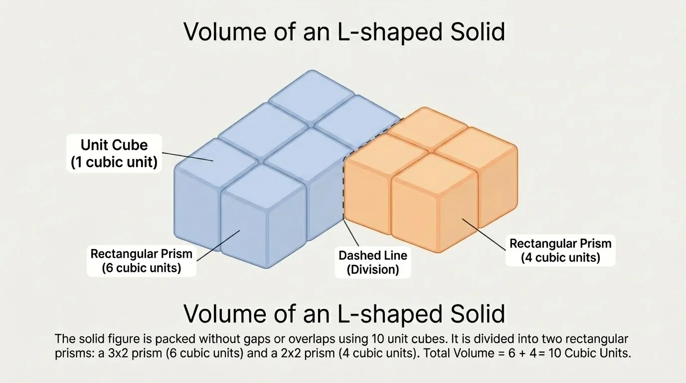 L-shaped solid made of unit cubes, divided with a dashed line into two rectangular prisms in different colors