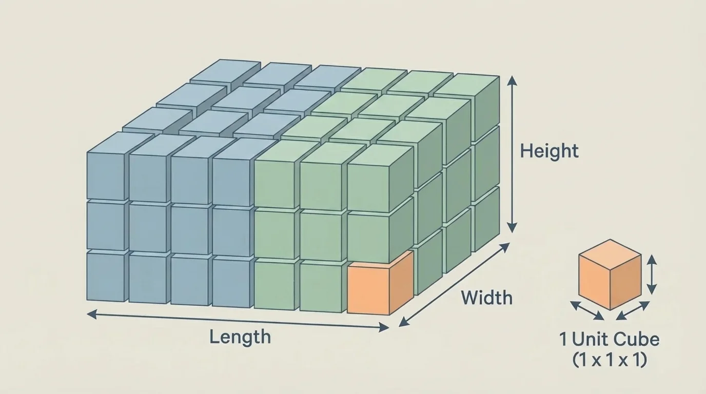 Stack of unit cubes forming a rectangular prism, with one cube highlighted as a 1-by-1-by-1 unit cube and arrows showing length, width, and height