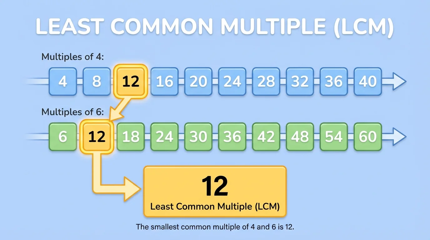 Chart listing multiples of 4 and multiples of 6 in two rows with 12 highlighted as the least common multiple