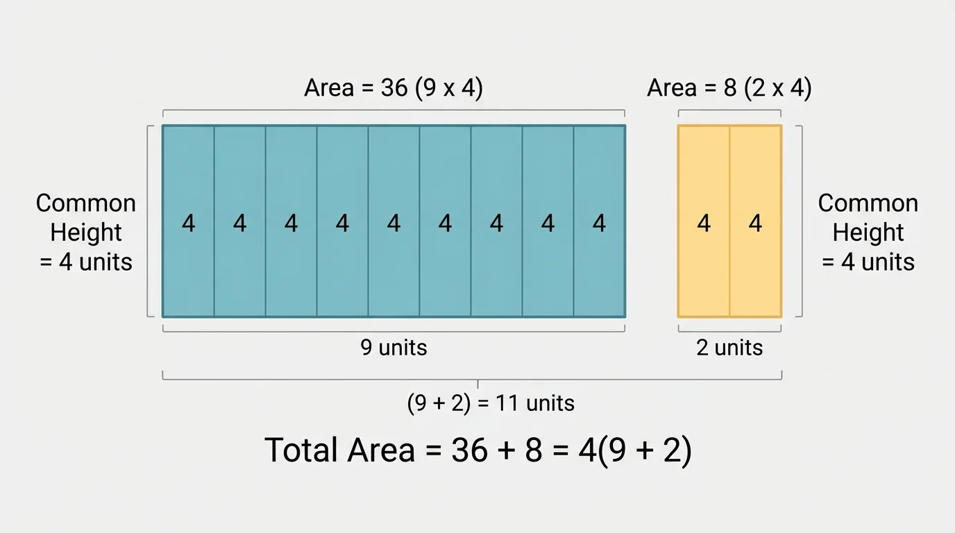 Diagram of two rectangles with areas 36 and 8, each split into groups of 4 to show 4(9 + 2)