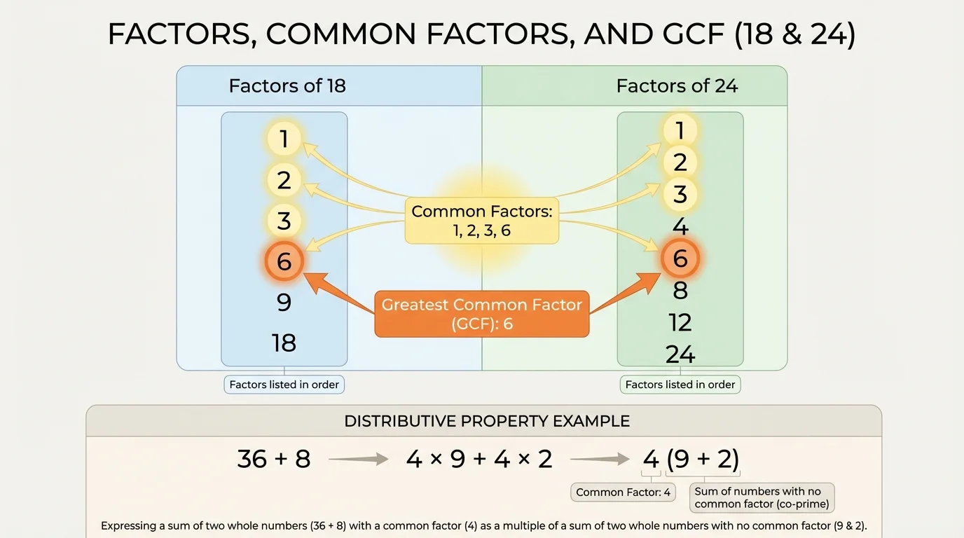 Chart showing factors of 18 and 24 with common factors highlighted and greatest common factor marked