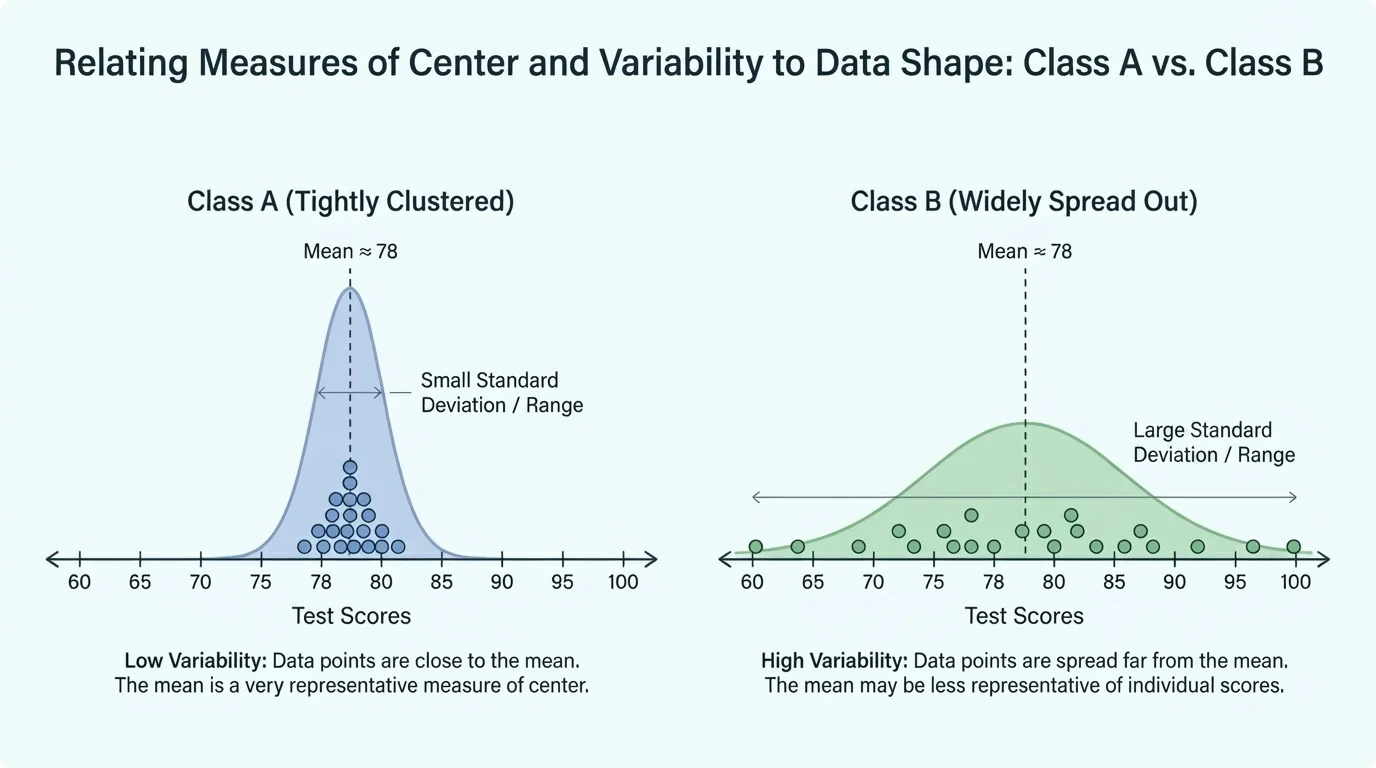 Two comparison plots for Class A and Class B with similar centers near 78 but Class A tightly clustered and Class B widely spread out