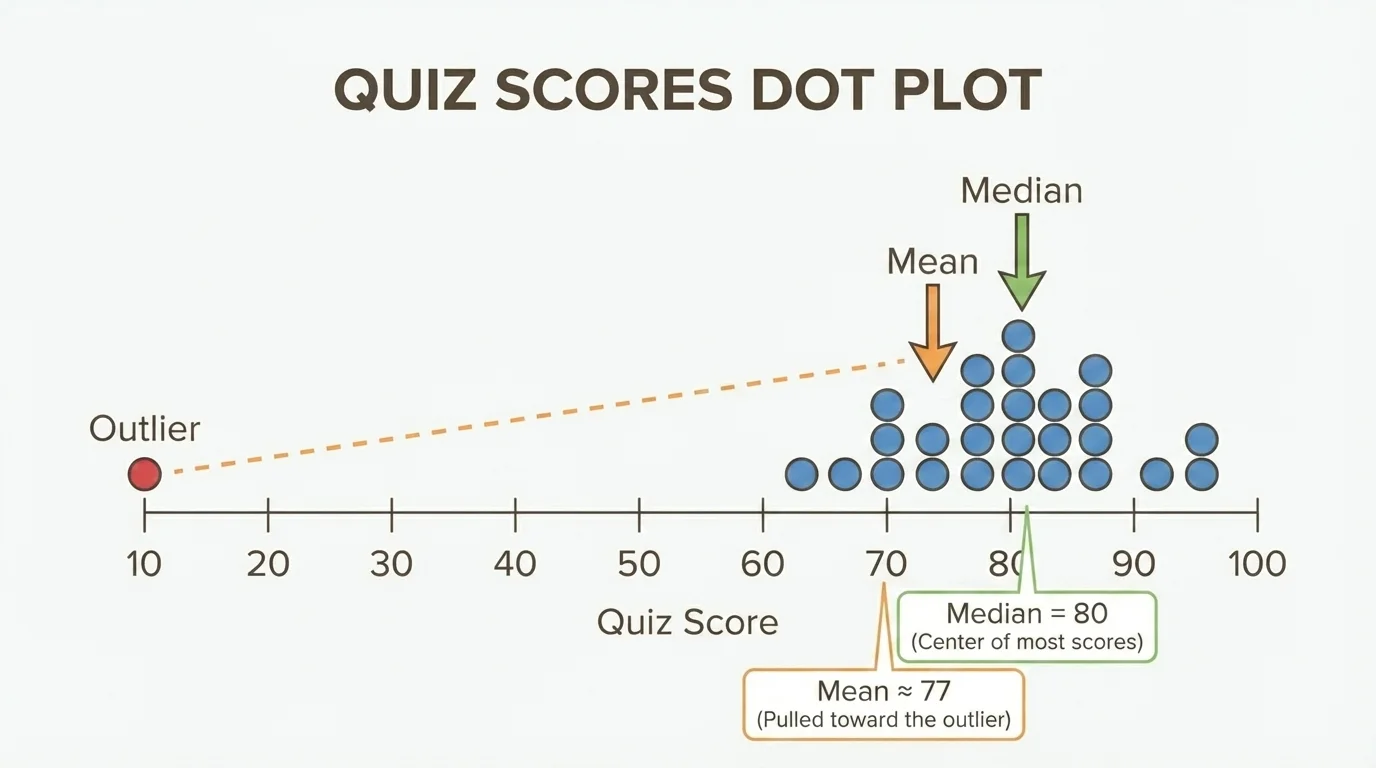 Dot plot of quiz scores with one very low outlier, showing the median near the center of most scores and the mean pulled toward the outlier