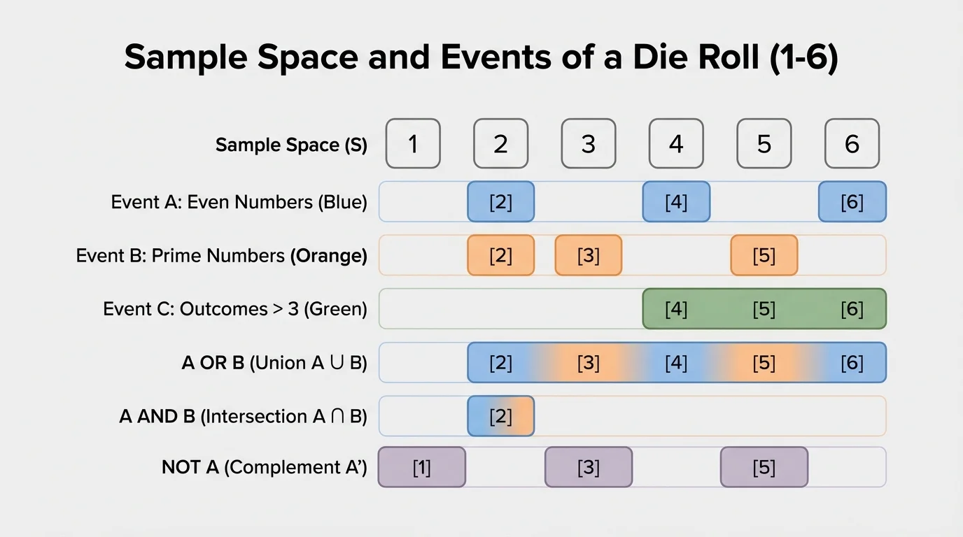 Chart of die outcomes 1 through 6 with color coding for even numbers, prime numbers, and outcomes greater than 3