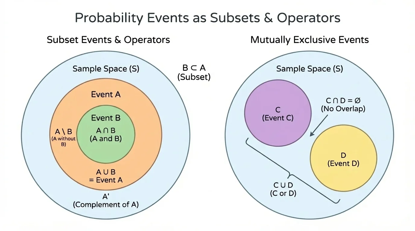 Diagram with one circle inside another for subset events and a second pair of non-overlapping circles for mutually exclusive events