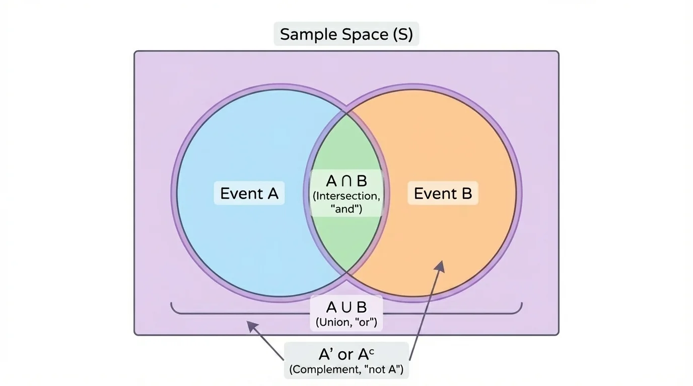 Venn diagram with sample space rectangle and two overlapping events A and B, shading for union, intersection, and complement in separate labeled regions