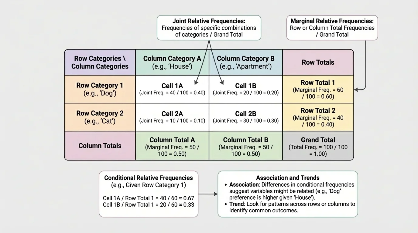 two-way frequency table layout labeled row categories, column categories, interior cells, row totals, column totals, and grand total