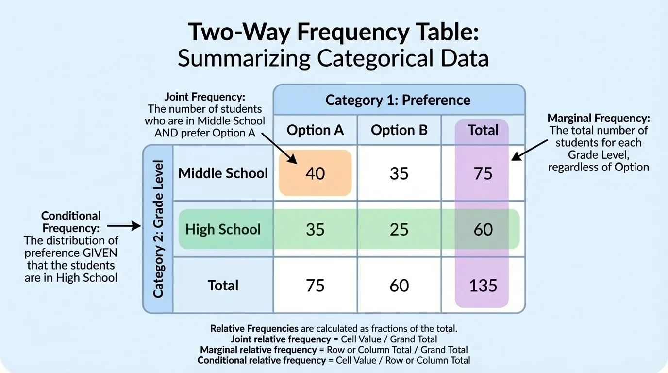 two-way table with one interior cell shaded for joint frequency, one full margin highlighted for marginal frequency, and one row highlighted to show conditional frequency