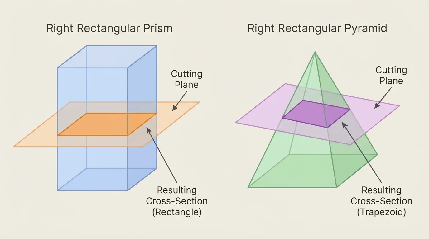 right rectangular prism and right rectangular pyramid each cut by a shaded plane, with resulting two-dimensional section highlighted on the cut surface