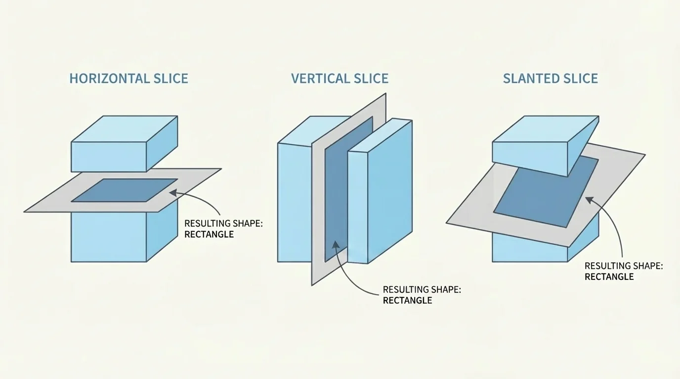 one right rectangular prism shown three times with a horizontal slice, a vertical slice, and a slanted slice, each cut surface shaded to show the resulting rectangle or square