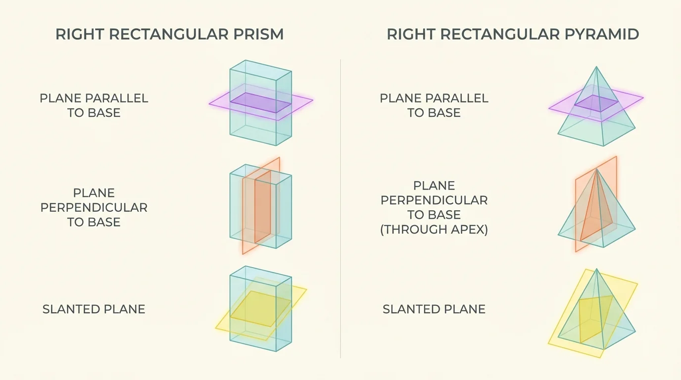 side-by-side comparison of planes parallel to base, perpendicular to base, and slanted through a right rectangular prism and a right rectangular pyramid, with resulting 2D sections shaded