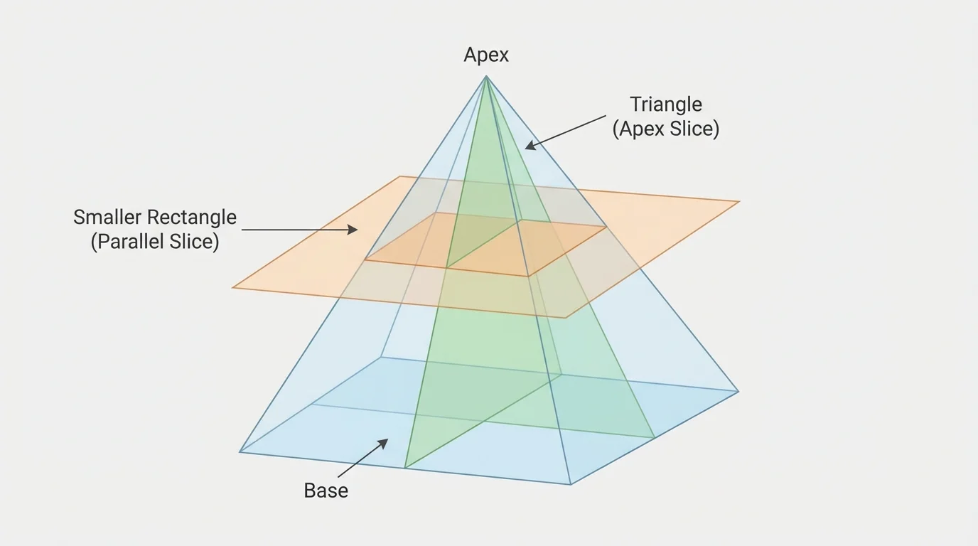right rectangular pyramid with one slice parallel to the base forming a smaller rectangle and another slice through the apex forming a triangle, with both cut surfaces shaded