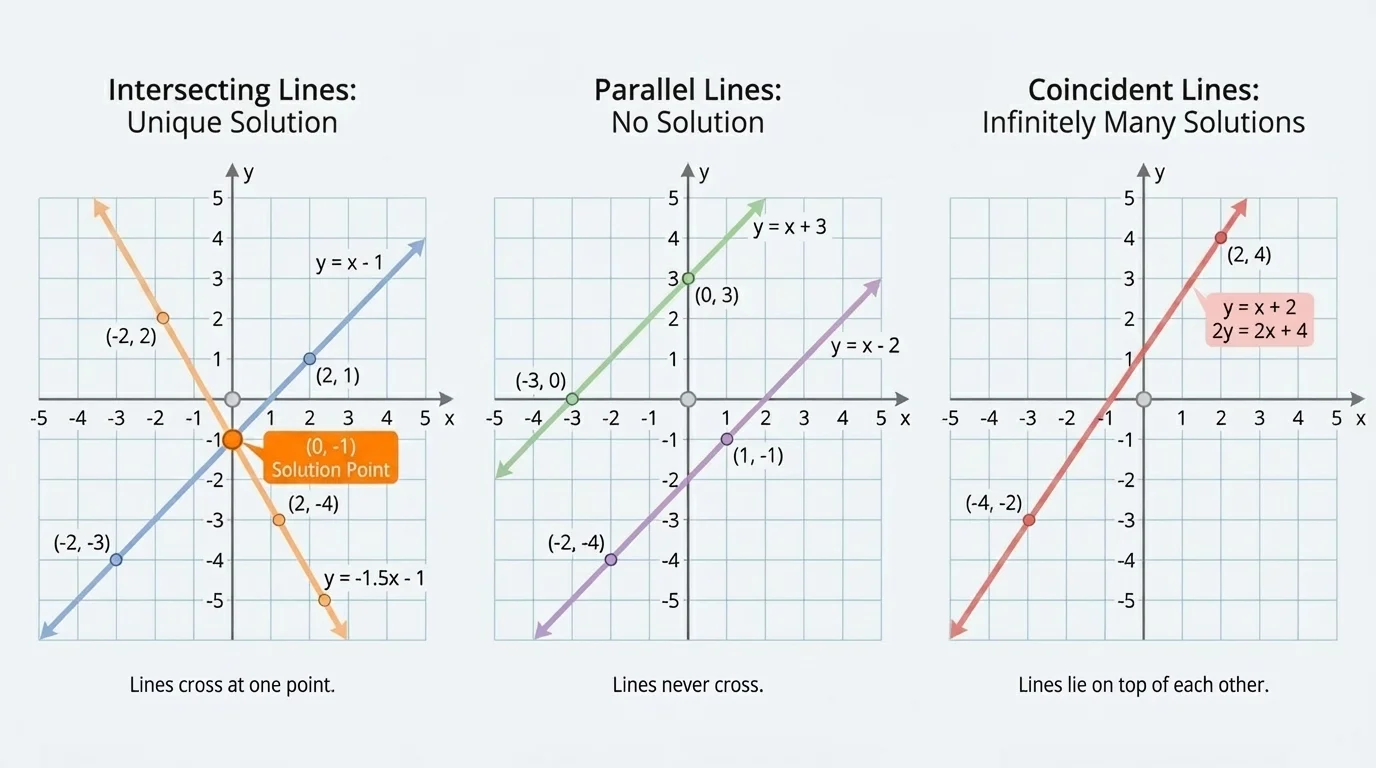 Coordinate plane panel showing one intersecting pair, one parallel pair, and one overlapping pair of lines