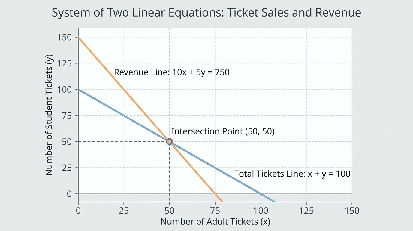 Graph of adult tickets versus student tickets with total tickets line and revenue line intersecting