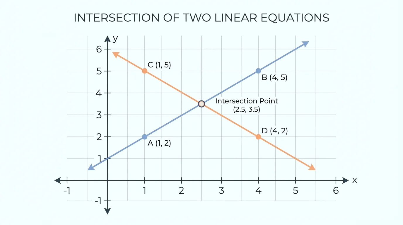 Coordinate plane with four points, one line through the first pair and another through the second pair, crossing at a visible point