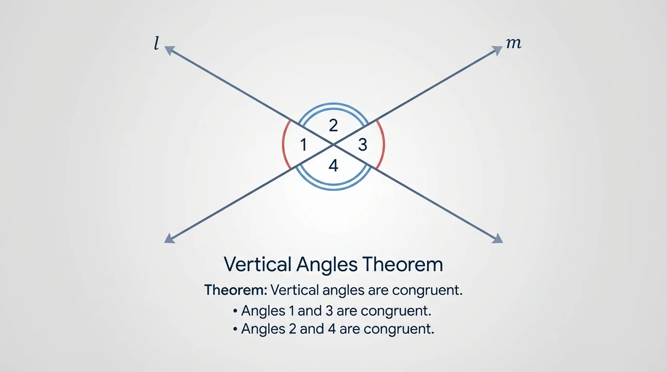 Two intersecting straight lines forming an X shape, with the four angles labeled 1, 2, 3, 4 so that 1 and 3 are vertical, 2 and 4 are vertical, and (1,2), (2,3), (3,4), (4,1) are linear pairs
