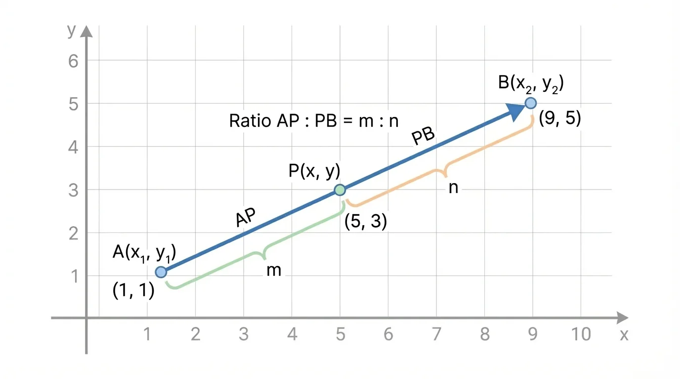 Coordinate plane with directed segment from A to B and point P dividing it in the ratio m:n, with AP and PB labeled and an arrow from A to B