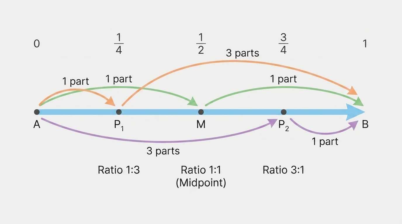 One horizontal segment from A to B on a coordinate line with three marked partition points for ratios 1:1, 1:3, and 3:1, showing midpoint and points closer to each endpoint