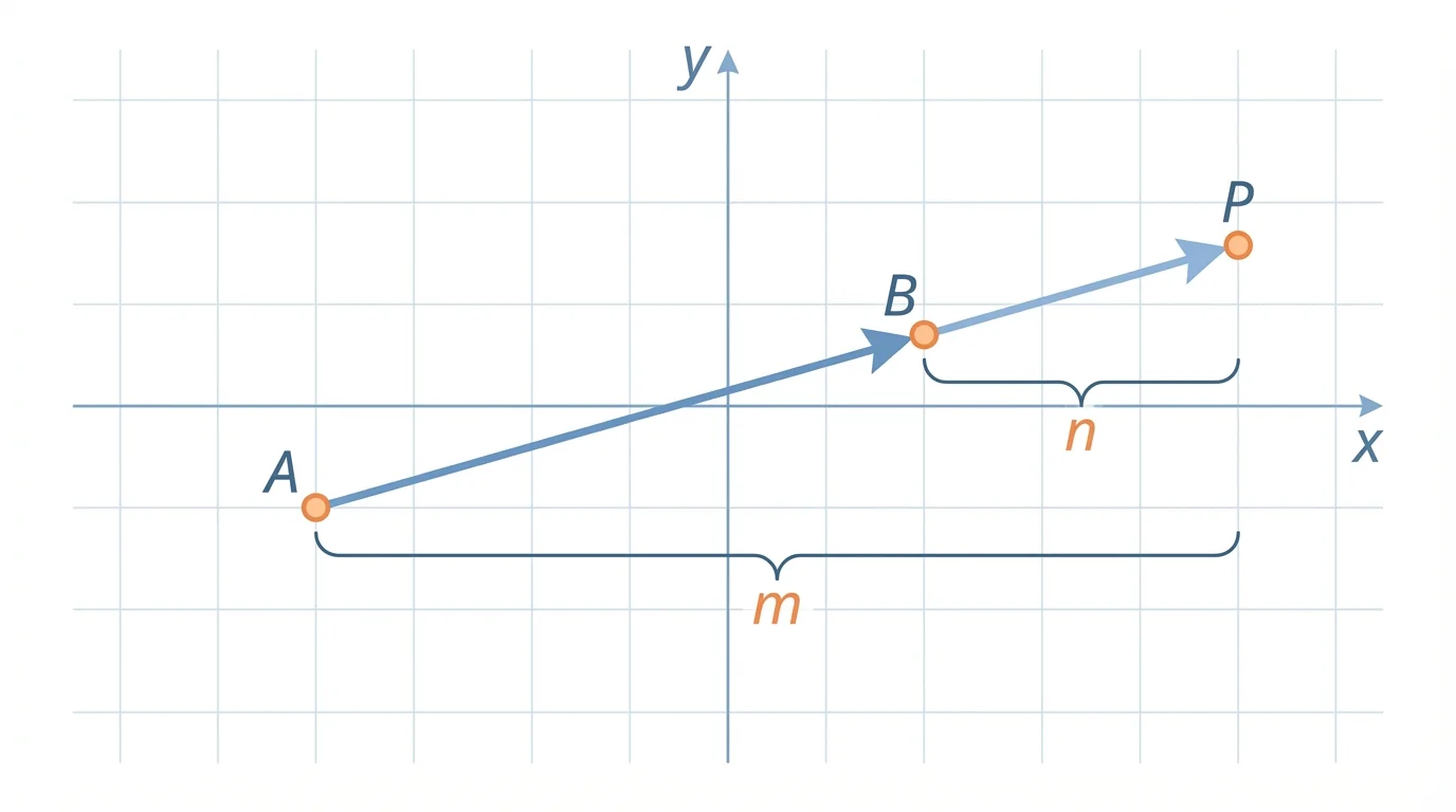 Coordinate plane with points A and B on a line and a point P beyond B showing external division, with arrows indicating direction along the line