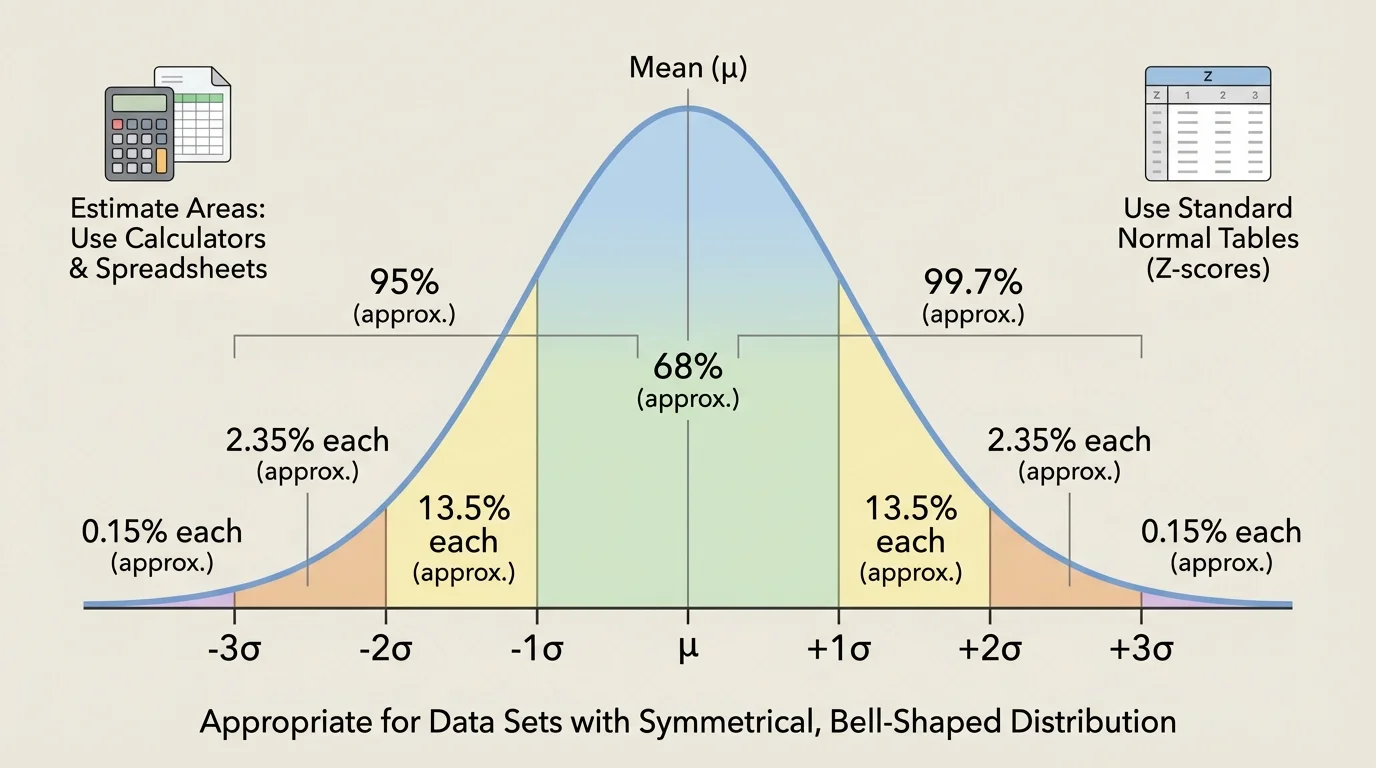 Bell-shaped normal curve centered at the mean with labeled intervals for one, two, and three standard deviations on both sides