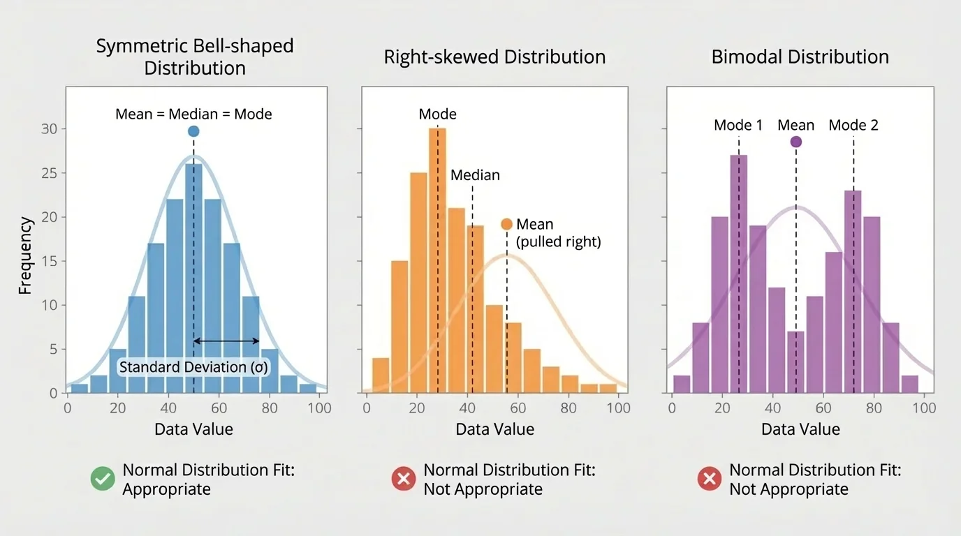 Three side-by-side histograms comparing a symmetric bell-shaped distribution, a right-skewed distribution, and a bimodal distribution