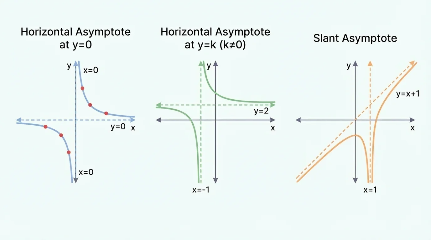 Three small coordinate graphs side by side showing horizontal asymptote at y=0, horizontal asymptote at a nonzero constant, and a slant asymptote