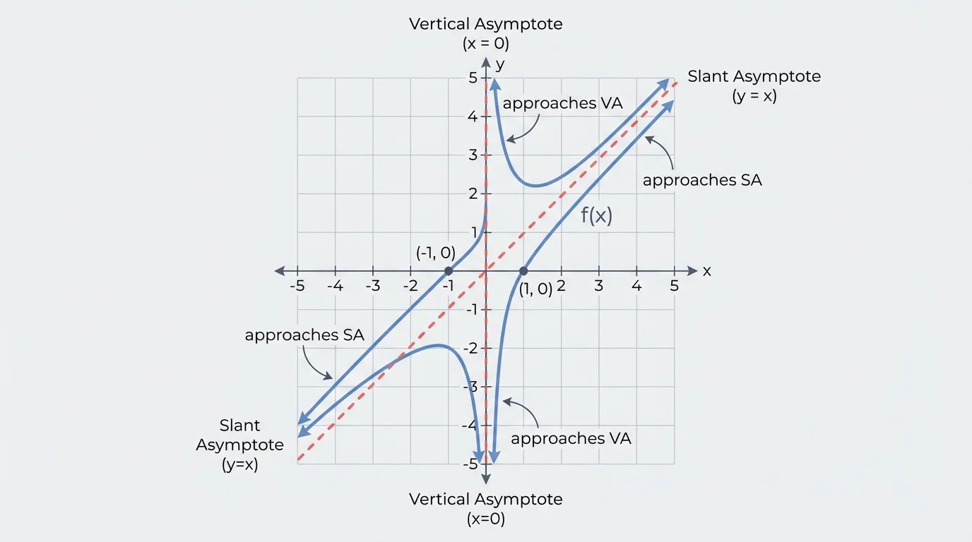 Coordinate graph of a rational function with one vertical asymptote, one slant asymptote, and branches approaching both