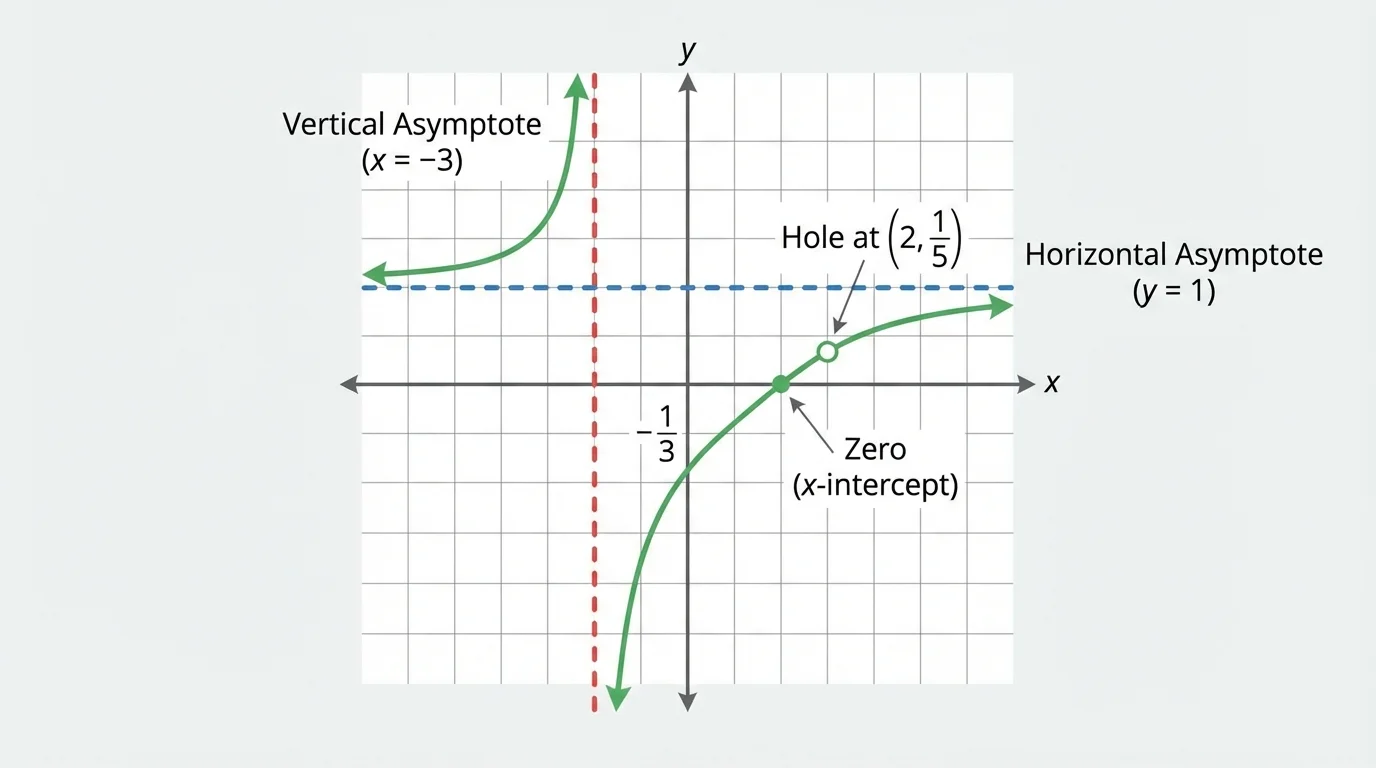 Graph showing a rational function with one x-intercept, one vertical asymptote, and one open-circle hole labeled on coordinate axes