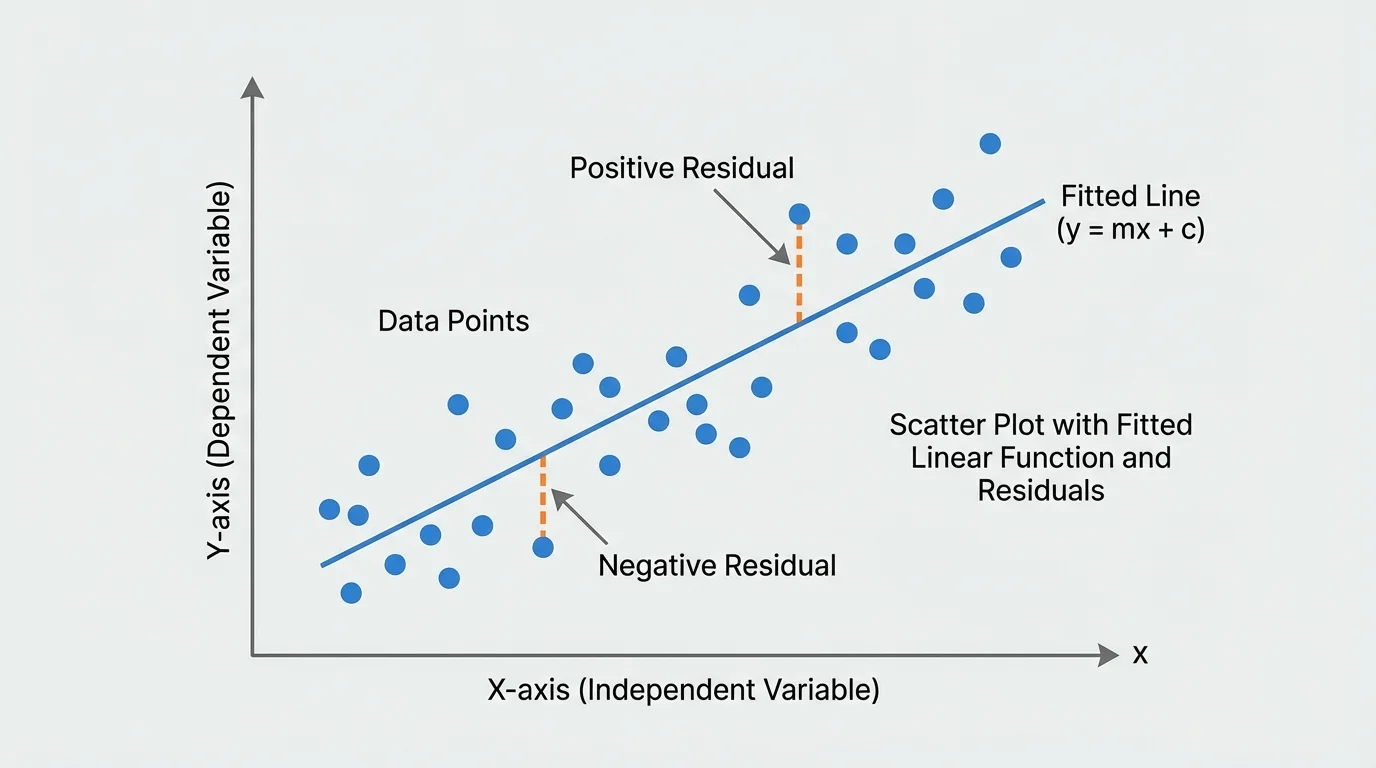Scatter plot with fitted line and two sample residuals drawn as vertical segments from points to the line