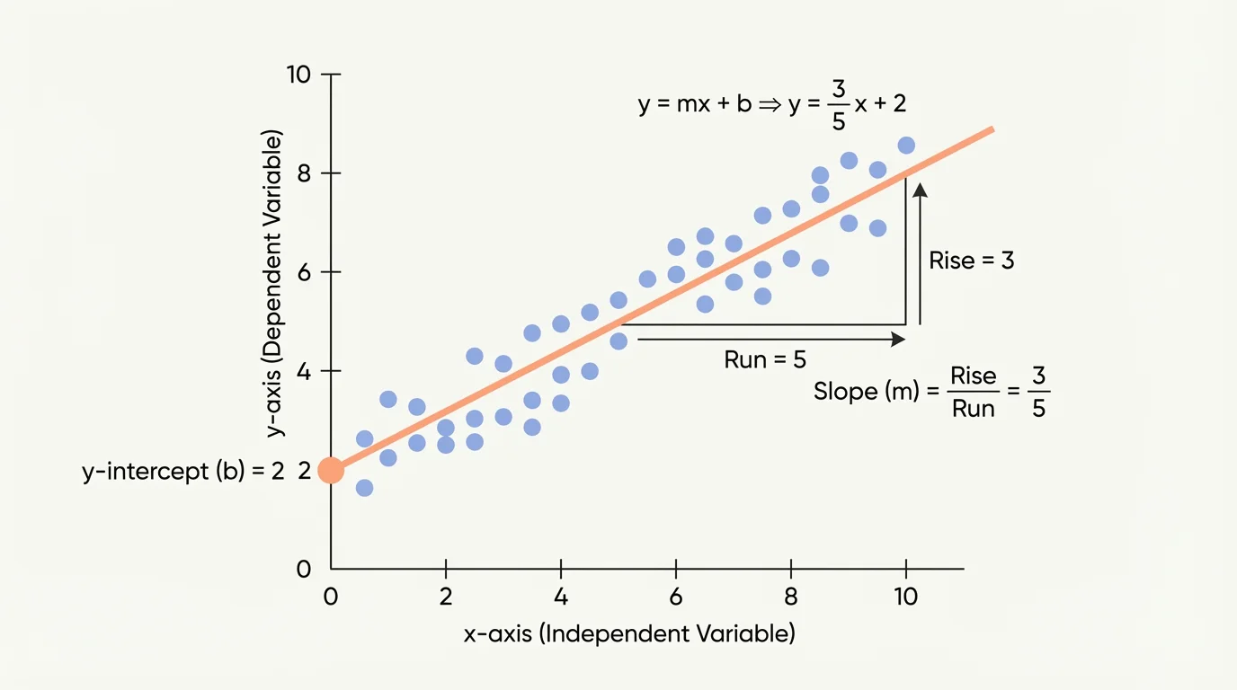 Coordinate graph of a straight trend line with y-intercept labeled and a rise-over-run triangle drawn on the line