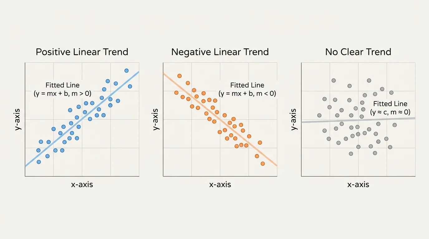 Three small scatter plots side by side showing positive linear trend, negative linear trend, and no clear trend