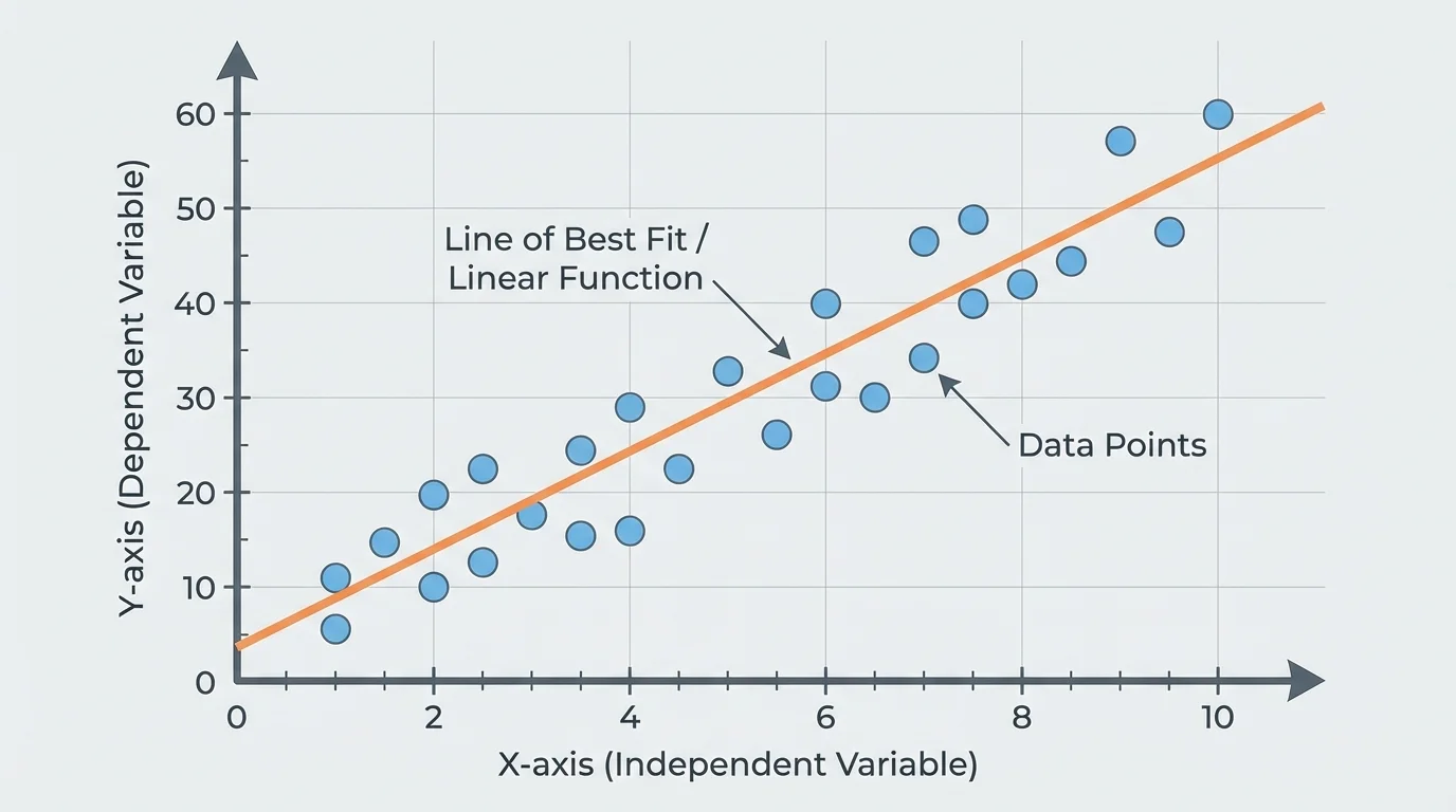 Scatter plot with an upward trend and a straight line through the middle, with some points above and some below the line