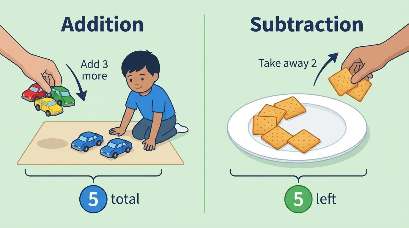 child with 2 toy cars getting 3 more, and 7 crackers with 2 eaten, all clearly countable