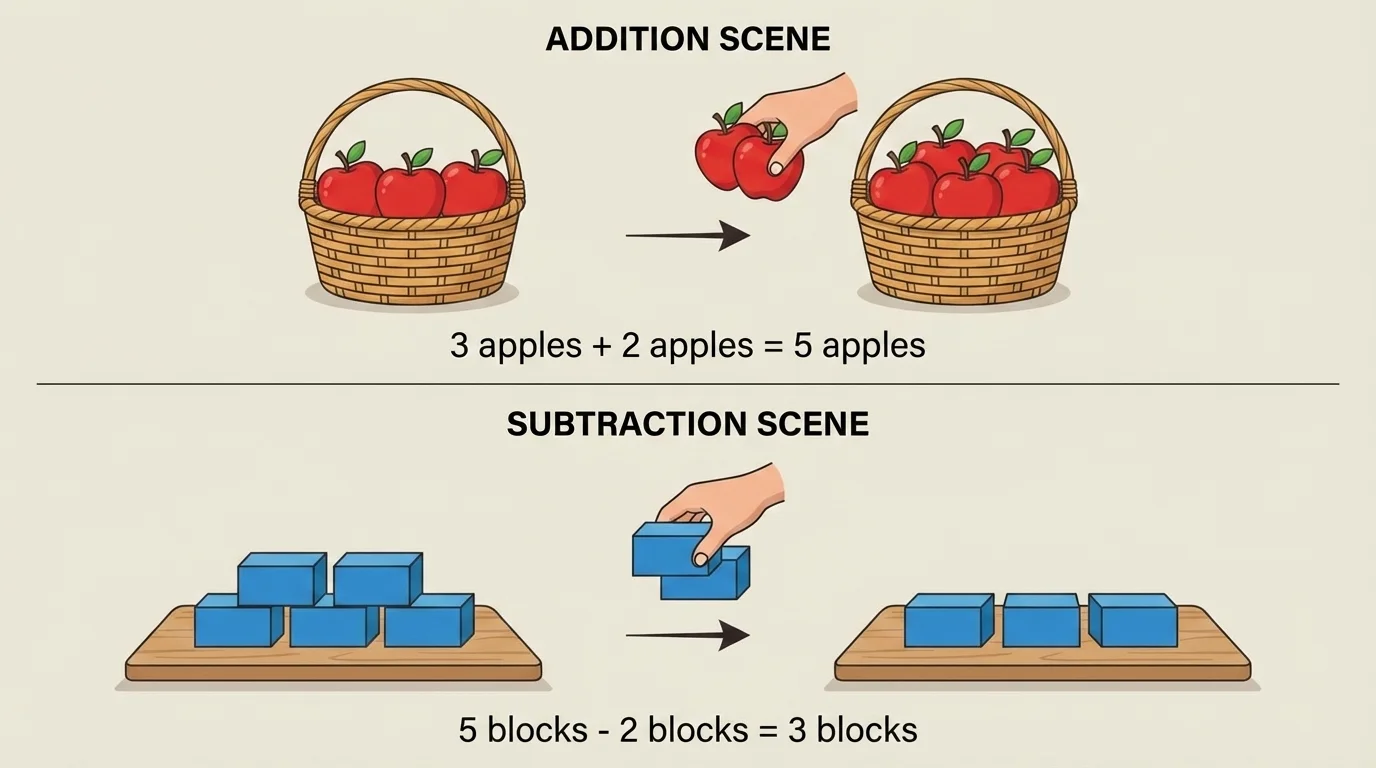 two simple picture scenes, one with 3 apples joined by 2 more and one with 5 blocks with 2 removed