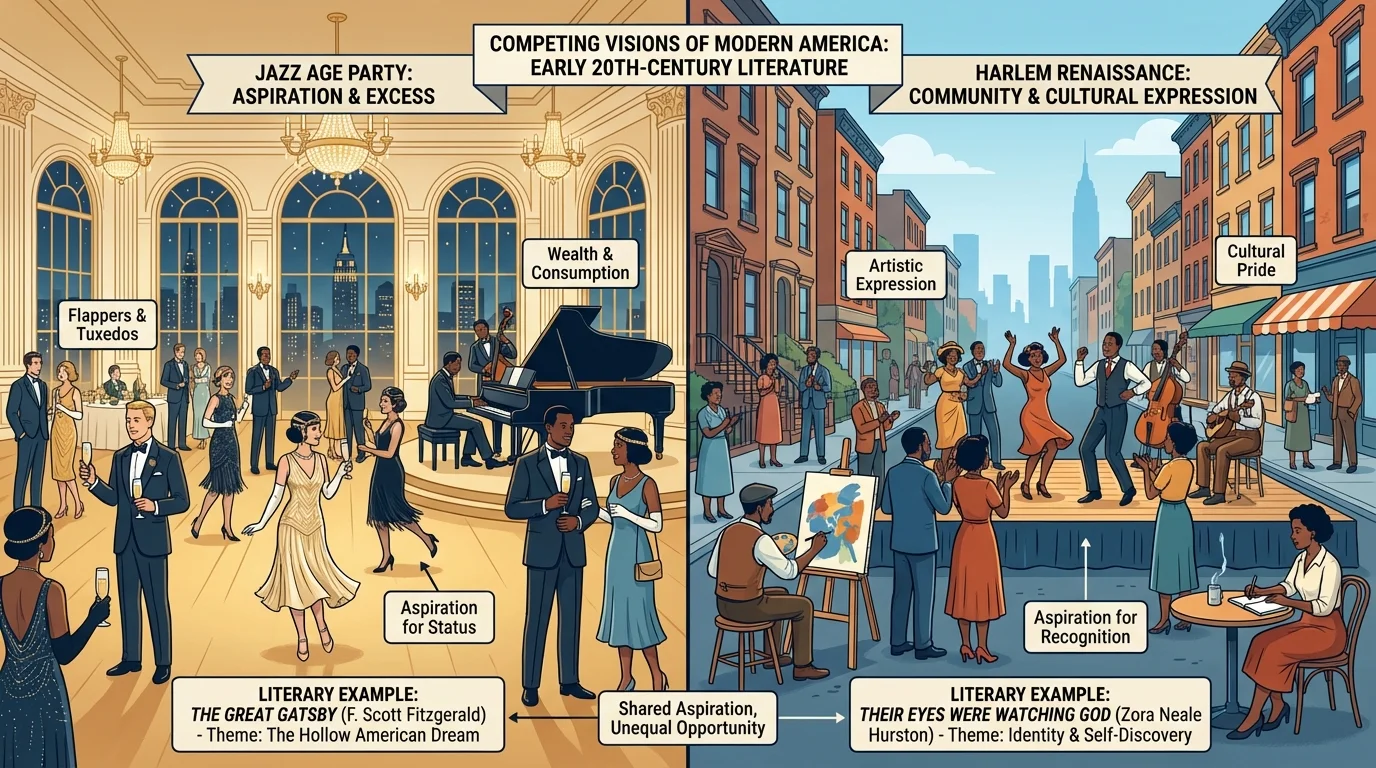 split scene contrasting a glamorous Jazz Age party with a Harlem Renaissance street performance and city backdrop, highlighting aspiration, inequality, and competing visions of modern America