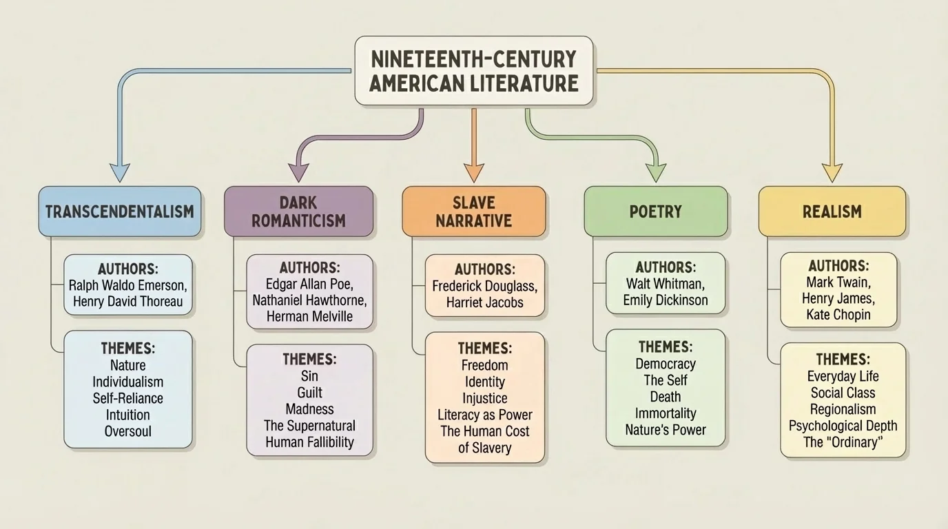 flowchart linking nineteenth-century American literary movements to authors and themes, with branches for transcendentalism, dark romanticism, slave narrative, poetry, and realism