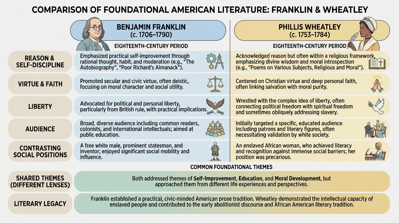 comparison chart showing Benjamin Franklin and Phillis Wheatley with brief labels for reason, self-discipline, virtue, faith, liberty, audience, and contrasting social positions