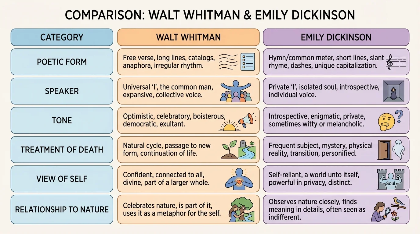 chart comparing Walt Whitman and Emily Dickinson by poetic form, speaker, tone, treatment of death, view of self, and relationship to nature