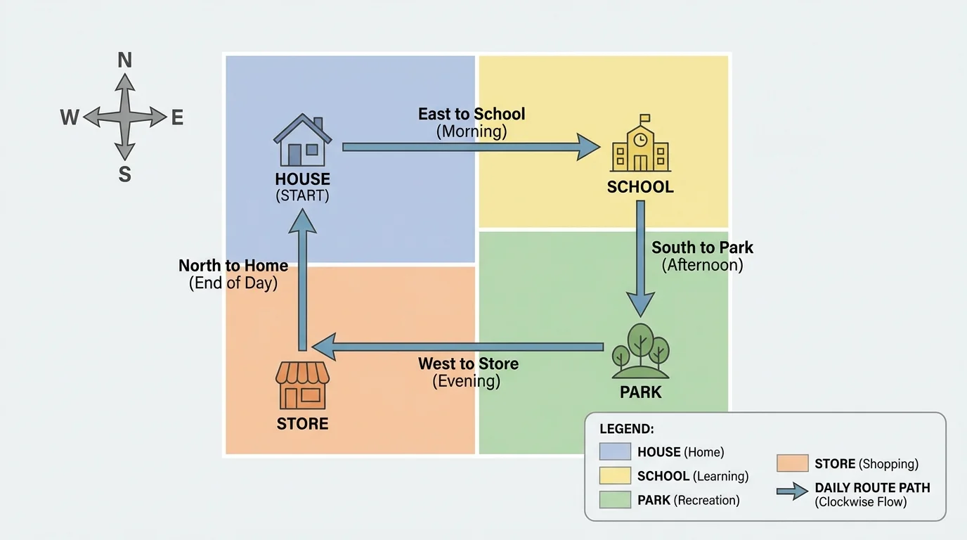 Simple neighborhood map with house, school, park, and store, a compass rose, and an arrowed path starting at the house, going to school (east), then park (south), then store (west), then back home (north)