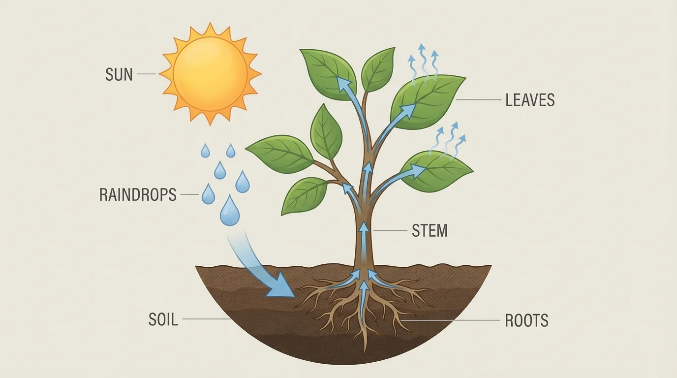 Labeled plant diagram showing soil, roots, stem, leaves, sun, and raindrops, with arrows showing water going from soil to roots to leaves