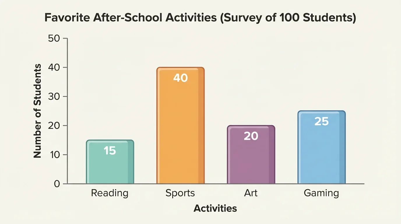 simple bar graph of favorite after-school activities with bars for reading, sports, art, and gaming