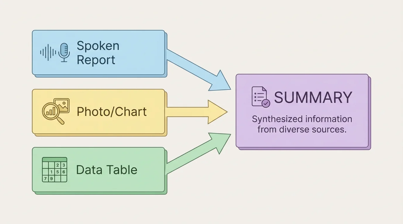 flowchart with three inputs labeled spoken report, photo/chart, and data table leading to one summary box