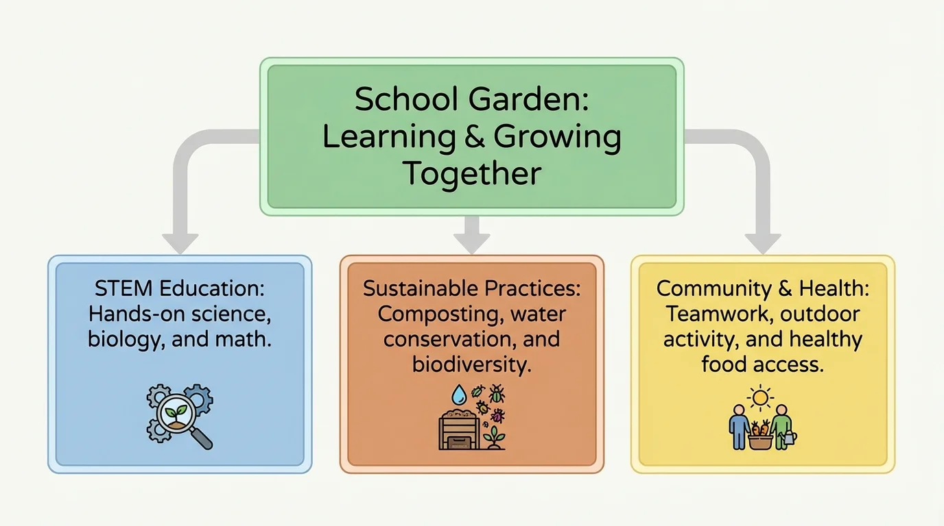 chart showing one main idea box connected to three key detail boxes from a short school-garden topic
