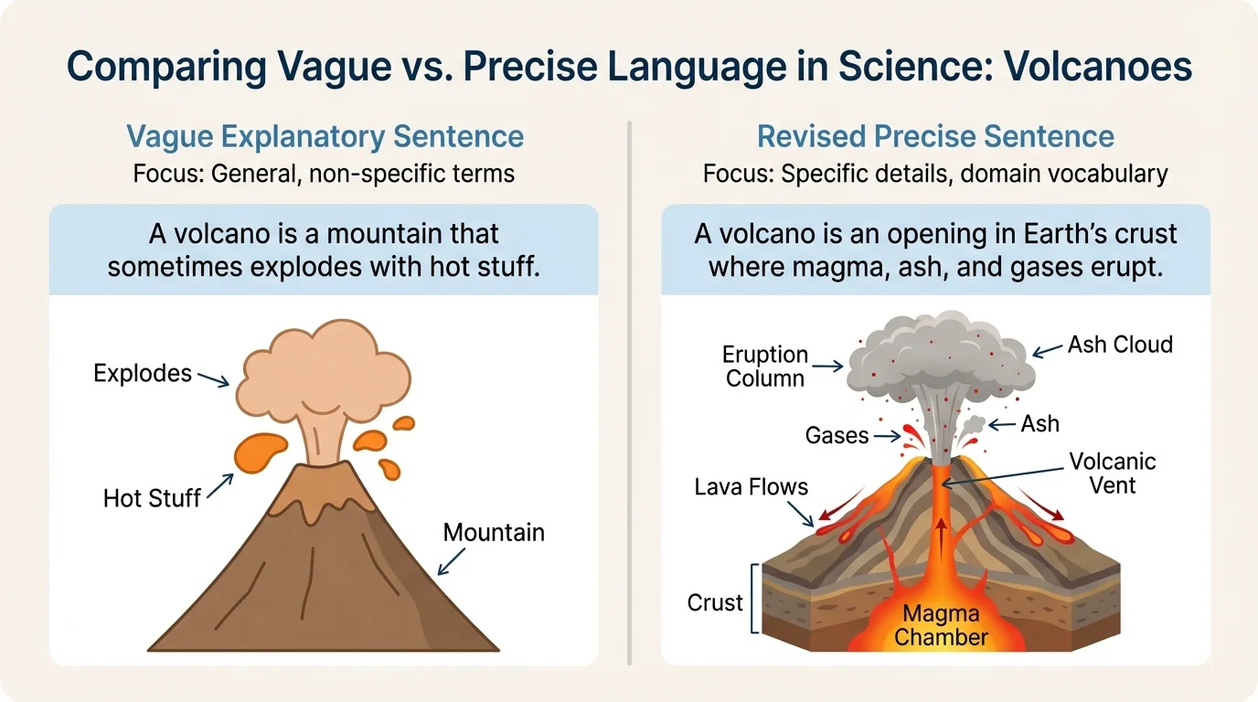 chart comparing a vague explanatory sentence about a volcano with a revised precise sentence using specific details and vocabulary