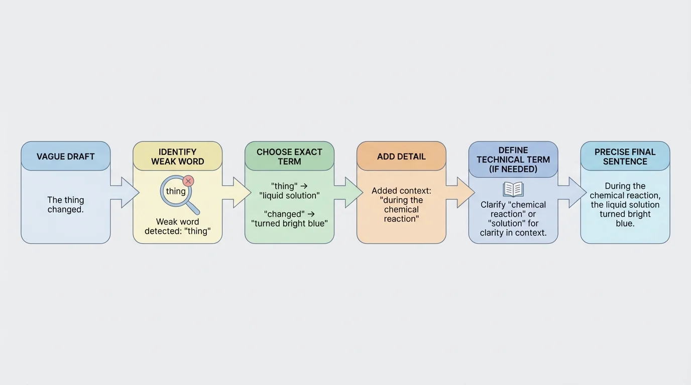 flowchart showing revision steps from vague draft to precise final sentence identify weak word choose exact term add detail define technical term if needed