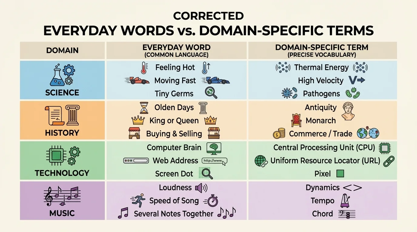 chart with columns for science, history, technology, and music showing everyday words beside domain-specific terms