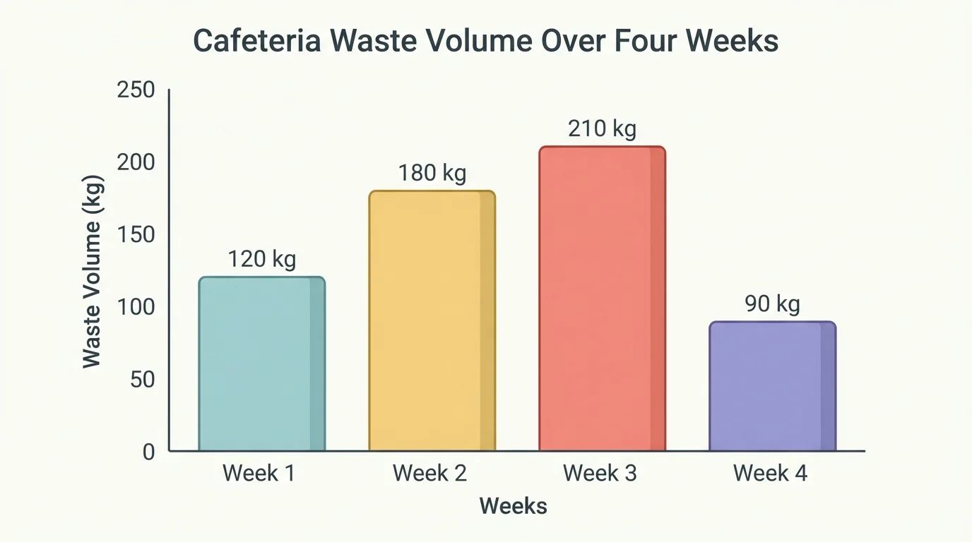 bar graph of cafeteria waste across four weeks with labeled axes and visible rise and fall pattern